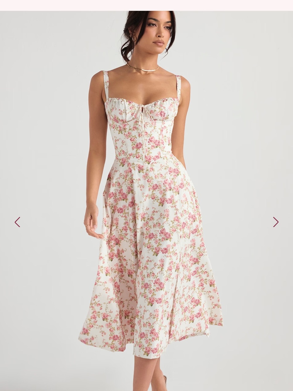 House of CB White Floral Midi Dress with Pink Rose Print